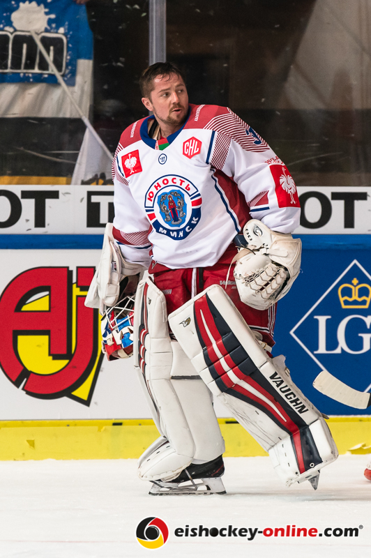 Igor Brikun (Torwart, Yunost Minsk) im Achtelfinal-Rückspiel der Champions Hockey League zwischen dem EHC Red Bull München und Yunost Minsk (Weißrussland) am 20.11.2019.