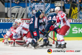 Mads Christensen (EHC Red Bull Muenchen) und Trevor Parkes (EHC Red Bull Muenchen) im Gewuehl vor dem Tor von Igor Brikun (Torwart, Yunost Minsk) im Achtelfinal-Rückspiel der Champions Hockey League zwischen dem EHC Red Bull München und Yunost Minsk (Weißrussland) am 20.11.2019.