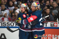 Derek Joslin (EHC Red Bull Muenchen) bejubelt mit Maximilian Kastner (EHC Red Bull Muenchen) dessen Ausgleichstreffer zum 1:1 im Halbfinal-Rückspiel der Champions Hockey League zwischen dem EC Red Bull Salzburg (Österreich) und dem EHC Red Bull München am 16.01.2019.