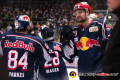 Glueckwuensche zum Tor von der Bank von John Mitchell (EHC Red Bull Muenchen) an Frank Mauer (EHC Red Bull Muenchen) und Trevor Parkes (EHC Red Bull Muenchen) in der 1. Viertelfinalbegegnung in den Playoffs der Deutschen Eishockey Liga zwischen dem EHC Red Bull München und den Eisbären Berlin am 13.03.2019.