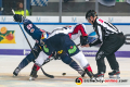 Linesman Jakub Klima führt ein Bully aus zwischen Mark Voakes (EHC Red Bull Muenchen) und James Sheppard (Eisbaeren Berlin) in der Hauptrundenbegegnung der Deutschen Eishockey Liga zwischen dem EHC Red Bull München und den Eisbären Berlin am 22.09.2019.