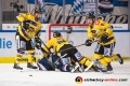 Martin Lefebvre (Krefeld Pinguine), Daniel Pietta (Krefeld Pinguine) und Phillip Bruggisser (Krefeld Pinguine) halten einen Münchner Spieler in Schach in der Hauptrundenbegegnung der Deutschen Eishockey Liga zwischen dem EHC Red Bull München und den Krefeld Pinguinen am 28.11.2018.