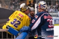 Fachsimpeln zwischen Dimitri Paetzold (Torwart, Krefeld Pinguine), Danny aus den Birken (Torwart, EHC Red Bull Muenchen) und Yannic Seidenberg (EHC Red Bull Muenchen) nach der Hauptrundenbegegnung der Deutschen Eishockey Liga zwischen dem EHC Red Bull München und den Krefeld Pinguinen am 28.11.2018.