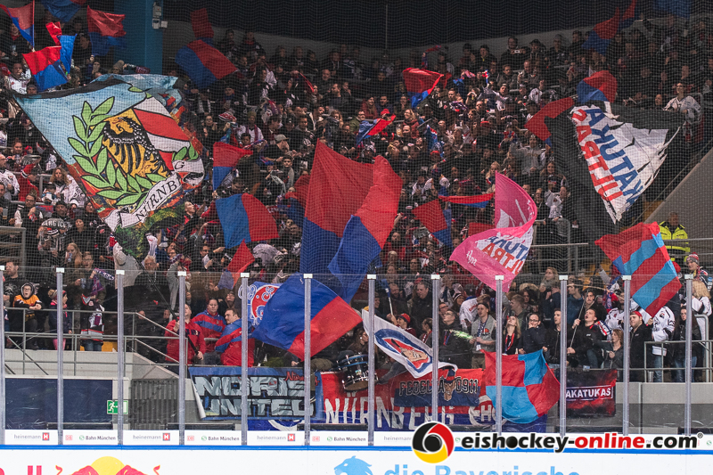 Jubel beim Nürnberger Anhang über den 1:2-Anschlusstreffer in der Hauptrundenbegegnung der Deutschen Eishockey Liga zwischen dem EHC Red Bull München und den Thomas Sabo ice Tigers am 02.01.2019.