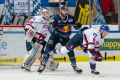 Trevor Parkes (EHC Red Bull Muenchen) zwischen Johan Gustafsson (Torwart, Adler Mannheim) und Joonas Lehtivuori (Adler Mannheim) in der Hauptrundenbegegnung der Deutschen Eishockey Liga zwischen dem EHC Red Bull München und den Adler Mannheim am 08.12.2019.