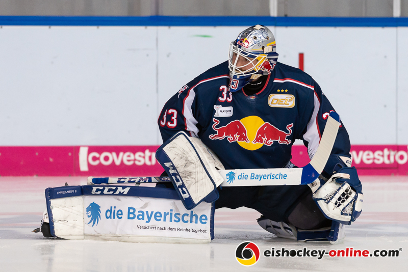 Danny aus den Birken (Torwart, EHC Red Bull Muenchen) beim Warmup in der 3. Halbfinalbegegnung in den Playoffs der Deutschen Eishockey Liga zwischen dem EHC Red Bull München und den Augsburger Panthern am 07.04.2019.