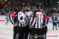 Hauptschiedsrichter Daniel Piechaczek, Linesman Andreas Hofer, Linesman Kilian Hinterdobler und Hauptschiedsrichter Andre Schrader in der 3. Halbfinalbegegnung in den Playoffs der Deutschen Eishockey Liga zwischen dem EHC Red Bull München und den Augsburger Panthern am 07.04.2019.