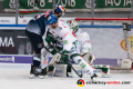 Olivier Roy (Torwart, Augsburger Panther) und Patrick McNeill (Augsburger Panther) gegen Justin Shugg (EHC Red Bull Muenchen) in der 3. Halbfinalbegegnung in den Playoffs der Deutschen Eishockey Liga zwischen dem EHC Red Bull München und den Augsburger Panthern am 07.04.2019.