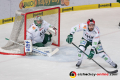 Olivier Roy (Torwart, Augsburger Panther) und Drew LeBlanc (Augsburger Panther) in der 7. Halbfinalbegegnung in den Playoffs der Deutschen Eishockey Liga zwischen dem EHC Red Bull München und den Augsburger Panthern am 16.04.2019.