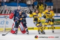Danny aus den Birken (Torwart, EHC Red Bull Muenchen) und Daryl Boyle (EHC Red Bull Muenchen) gegen Chad Costello (Krefeld Pinguine) und Jordan Caron (Krefeld Pinguine) in der Hauptrundenbegegnung der Deutschen Eishockey Liga zwischen dem EHC Red Bull München und den Krefeld Pinguinen am 28.09.2018.