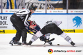 Linesman Gabriel Gaube führt ein Bully aus zwischen Mark Voakes (EHC Red Bull Muenchen) und Daniel Weiß (Thomas Sabo Ice Tigers) in der Hauptrundenbegegnung der Deutschen Eishockey Liga zwischen dem EHC Red Bull München und den Thomas Sabo Ice Tigers am 15.02.2019.