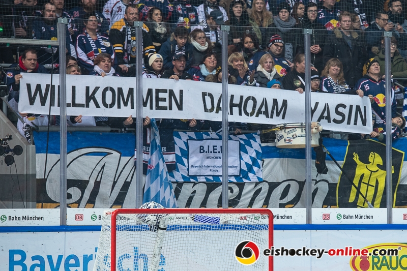 Transparent fuer Yasin Ehliz (EHC Red Bull Muenchen) in der Hauptrundenbegegnung der Deutschen Eishockey Liga zwischen dem EHC Red Bull München und den Straubing Tigers am 18.11.2018.