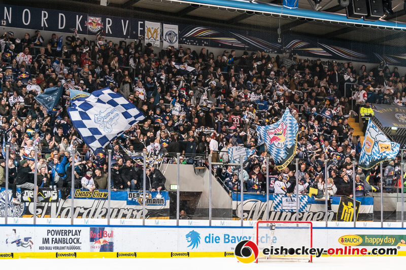Die Münchner Nordkurve bejubelt die erneute Führung zum 3:2 in der Hauptrundenbegegnung der Deutschen Eishockey Liga zwischen dem EHC Red Bull München und den Grizzlys Wolfsburg am 05.01.2020.