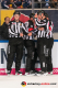 Linesman Andreas Hofer, Hauptschiedsrichter Marc Iwert, Hauptschiedsrichter Markus Schuetz und Linesman Marius Woelzmueller beraten nach dem Faustkampf zwischen Keith Aulie (EHC Red Bull Muenchen) und Nick Jones (Grizzlys Wolfsburg) in der Hauptrundenbegegnung der Deutschen Eishockey Liga zwischen dem EHC Red Bull München und den Grizzlys Wolfsburg am 11.10.2019.