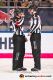 Hauptschiedsrichter Sirko Hunnius und Linesman Kilian Hinterdobler in der 3. Viertelfinalbegegnung in den Playoffs der Deutschen Eishockey Liga zwischen dem EHC Red Bull München und den Eisbären Berlin am 17.03.2019.