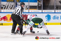 Linesman Tobias Schwenk führt das Bully aus zwischen Matt Stajan (EHC Red Bull Muenchen) und Adam Payerl (Augsburger Panther) in der Hauptrundenbegegnung der Deutschen Eishockey Liga zwischen dem EHC Red Bull München und den Augsburger Panthern am 18.01.2019.